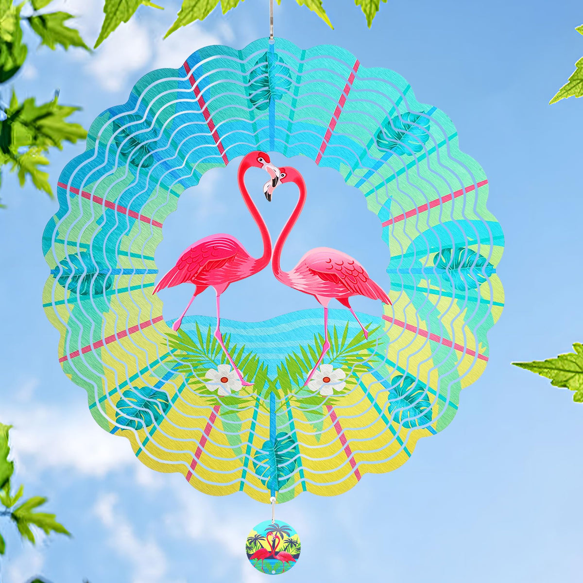 INCROYDAY Flamingo Wind Spinner in sunlit garden with dynamic 3D design