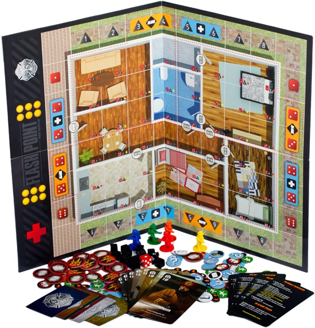 Indie Boards and Cards Flash Point Fire Rescue 2nd Edition components spread; ideal for strategic planning and setup.