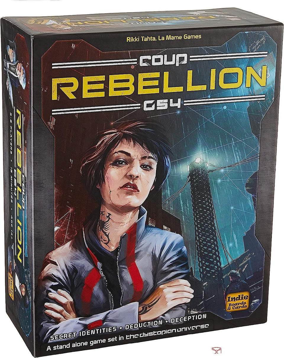 Indie Boards and Cards Coup Rebellion G54 box front showing premium setup for immersive bluffing.
