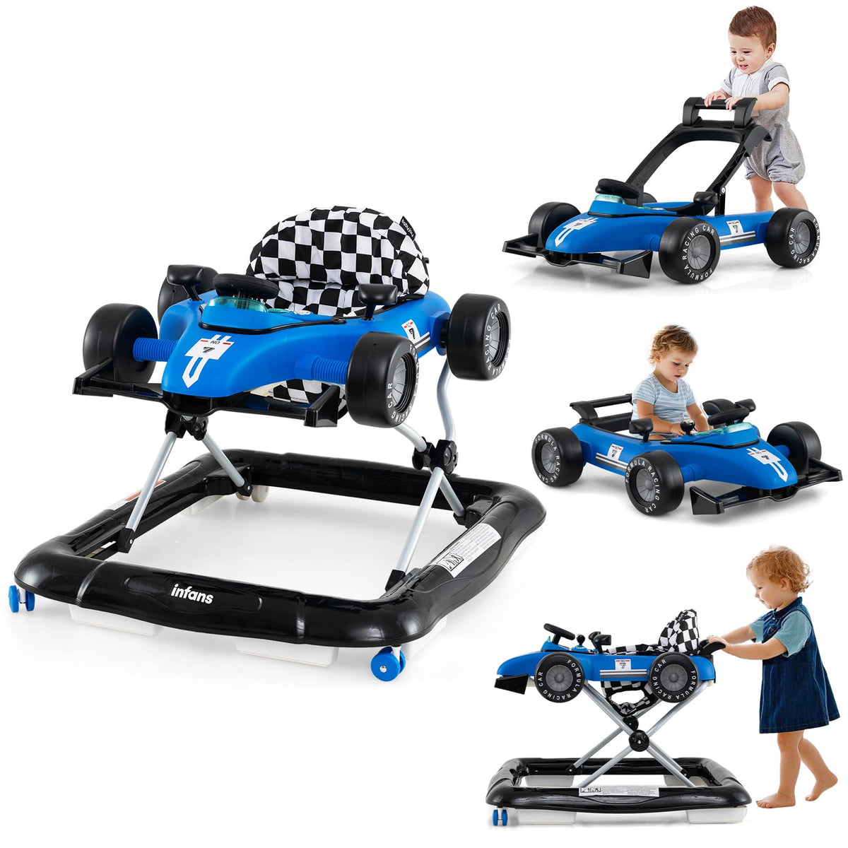INFANS 4-in-1 baby walker in blue with foldable frame for safe exploration.
