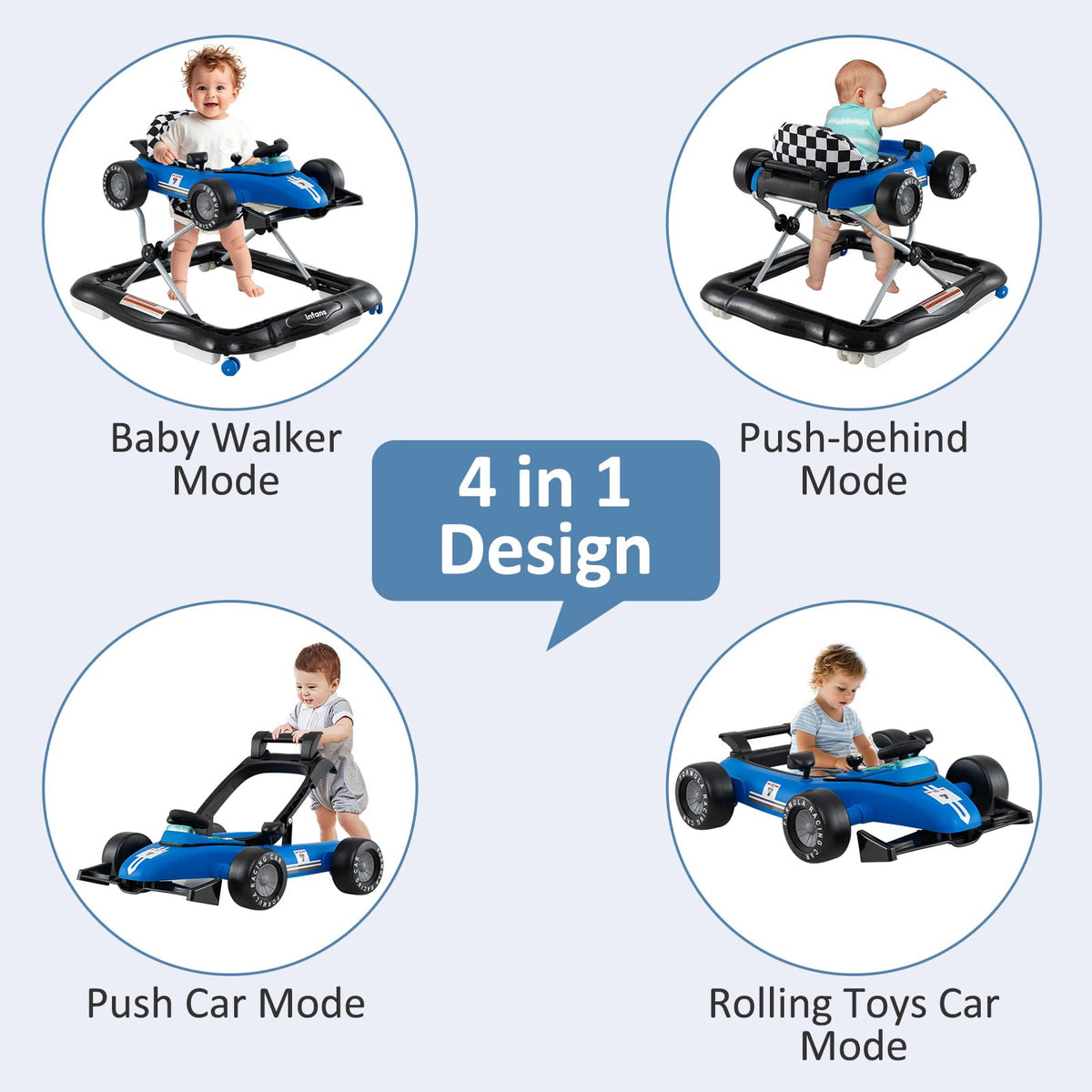INFANS baby walker activity center showing steering wheel and lights for curiosity.
