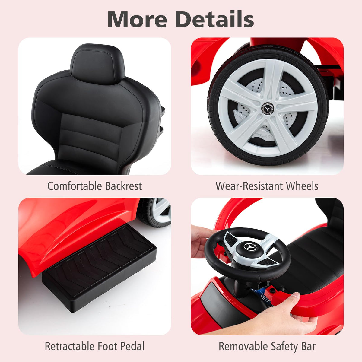 INFANS Mercedes-Benz canopy adjustment highlights kid comfort.