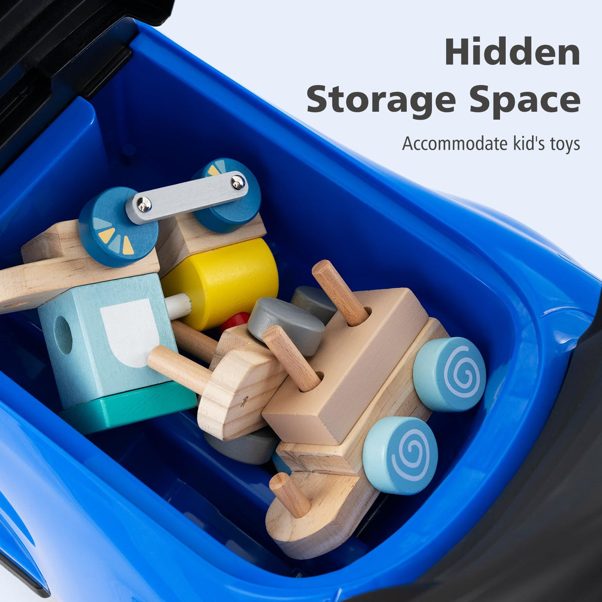 INFANS under-seat storage compartment keeps snacks and toys organized.