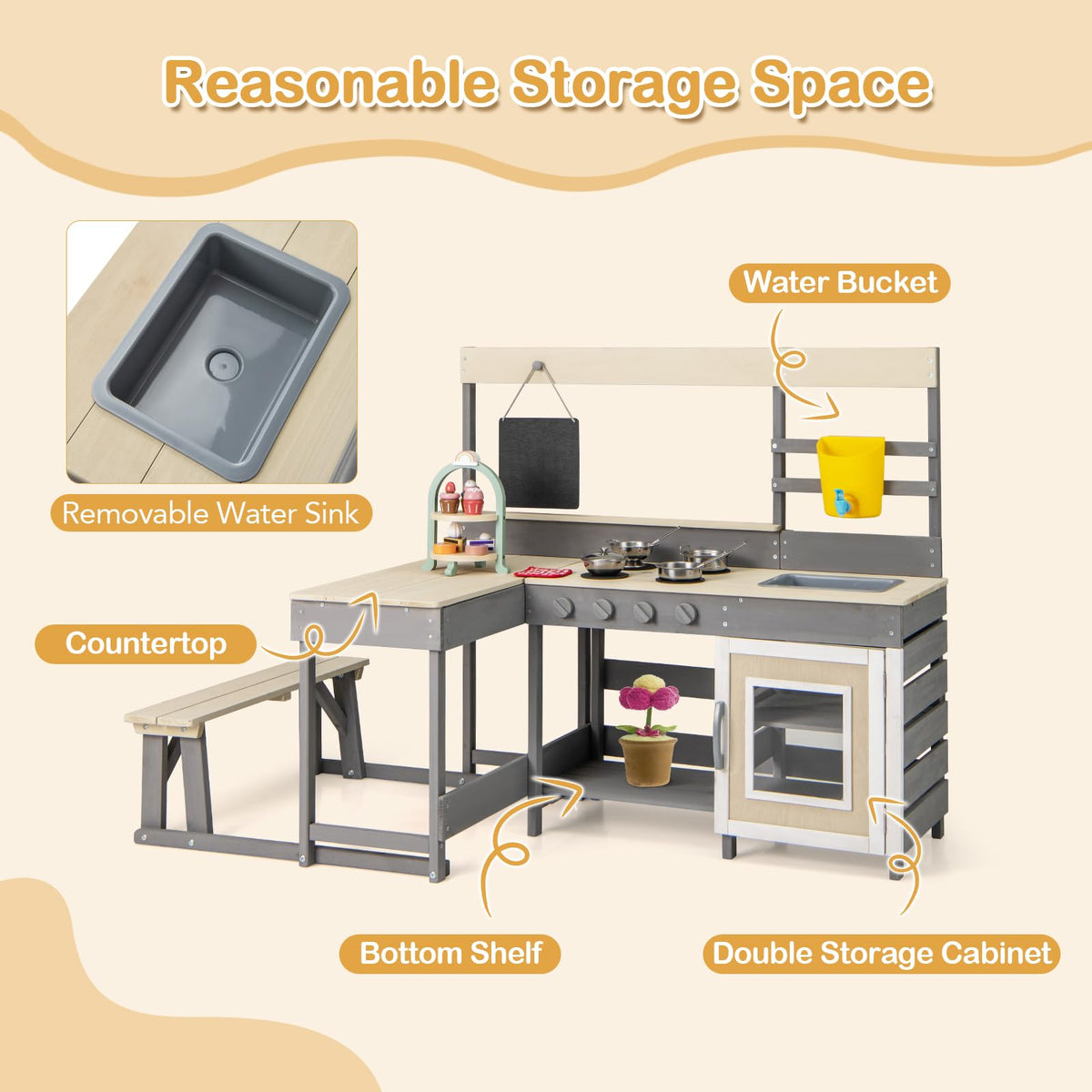 INFANS Mud Kitchen includes pretend refrigerator and oven for versatile games