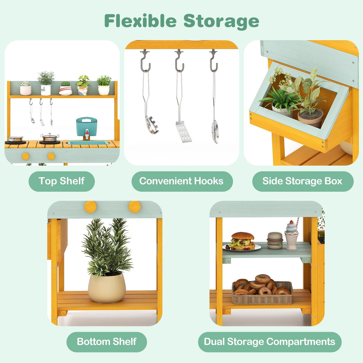 INFANS mud kitchen top shelf keeps small items within reach for organized play