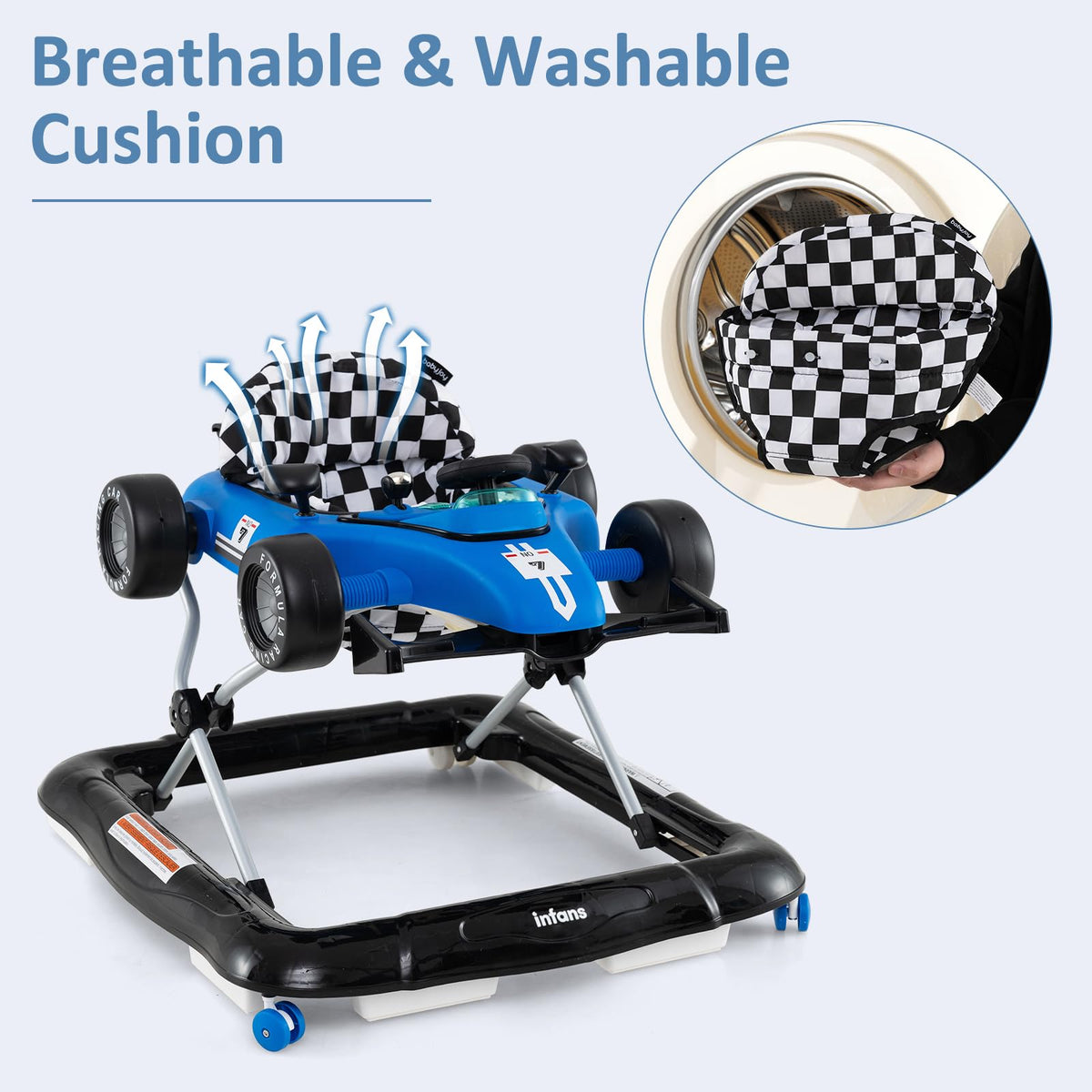 INFANS removable seat tray shown for quick cleaning and versatility.