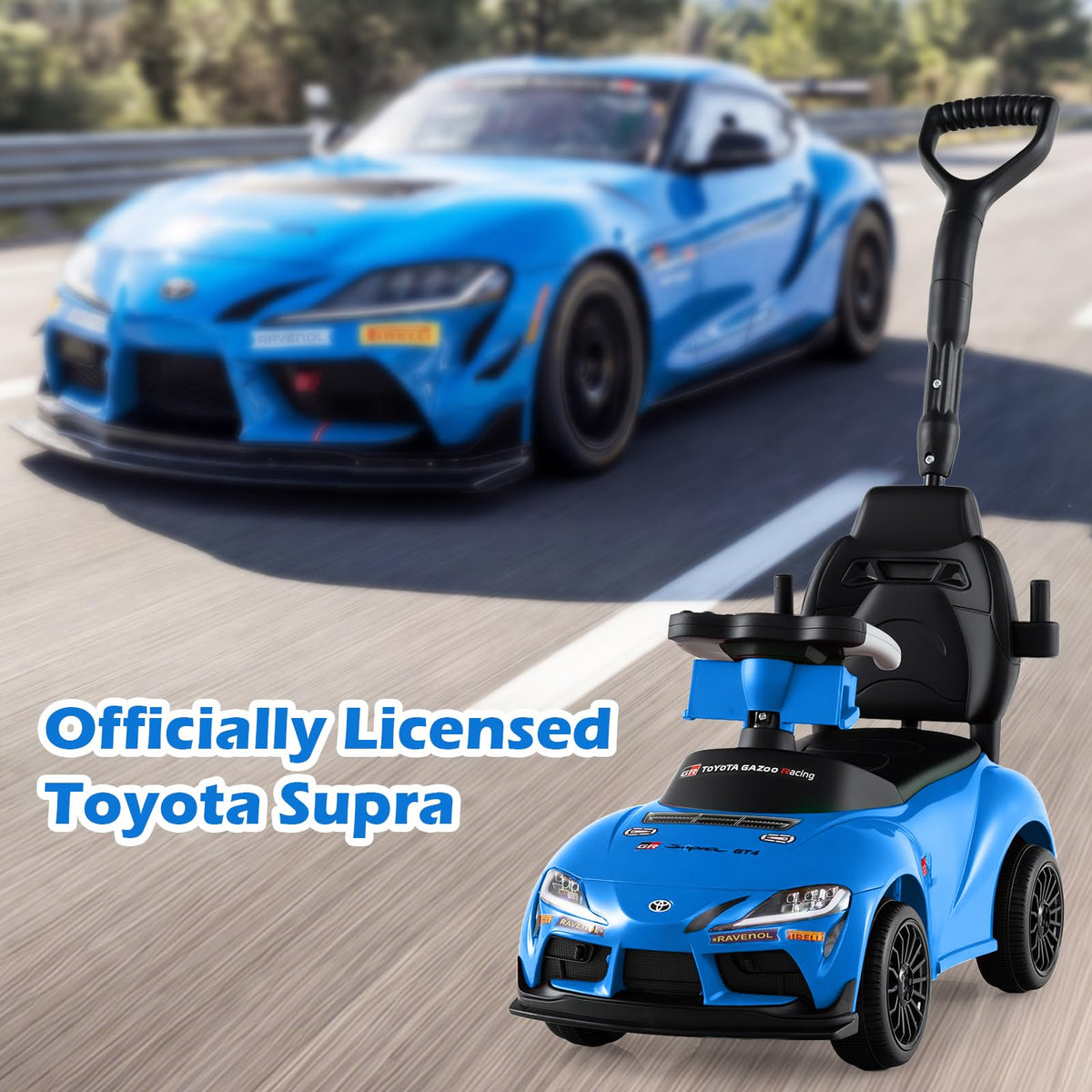 INFANS Toyota ride-on blue guardrails demonstrate removable safety features for flexible setups