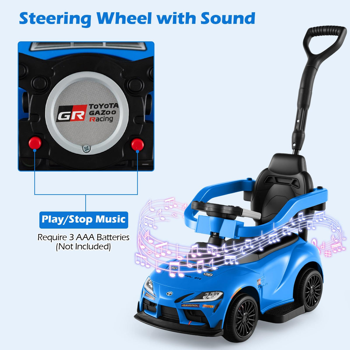 INFANS Toyota ride-on blue non-slip wheels provide steady traction indoors and outdoors