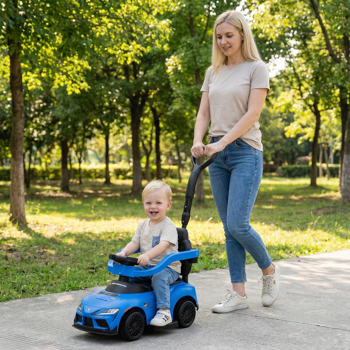 INFANS Toyota ride-on blue side view highlights compact size for indoor play