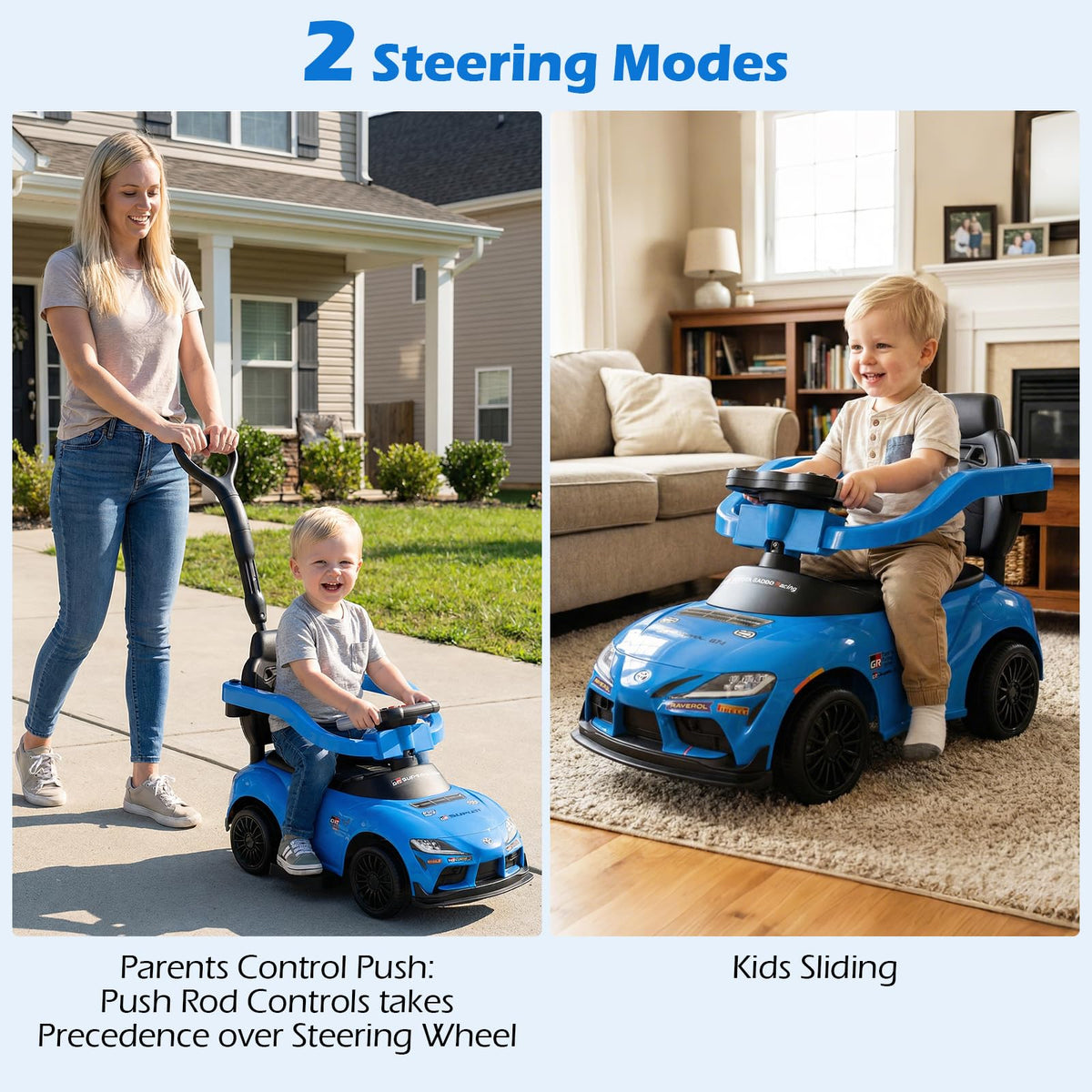INFANS Toyota ride-on blue under-seat storage keeps snacks and toys within reach