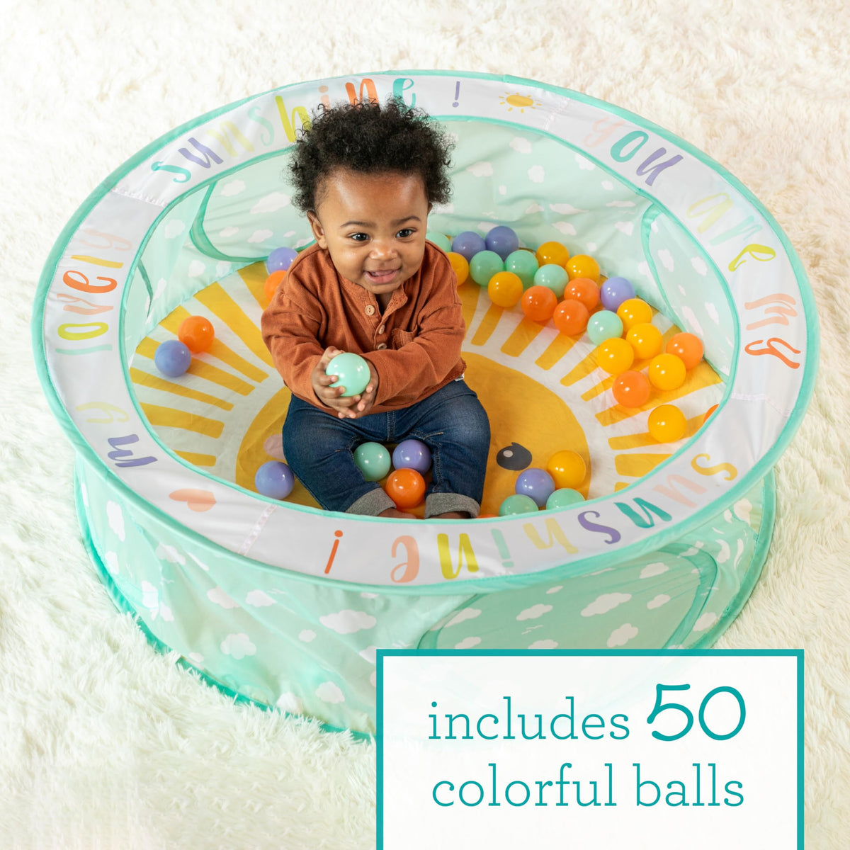 Infantino Pop-Up Ball Pit with 50 color balls invites sensory play and color exploration.