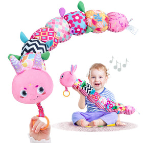 Infinno Baby Caterpillar musical toy pink front view highlighting plush comfort.