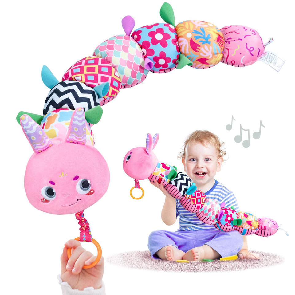 Infinno Baby Caterpillar musical toy pink front view highlighting plush comfort.