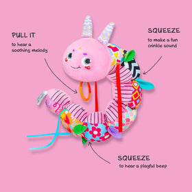 Infinno Baby Caterpillar musical toy pink, head music and tail rattles.