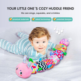 Infinno Baby Caterpillar musical toy pink side view showing rattles and crinkle fabric.