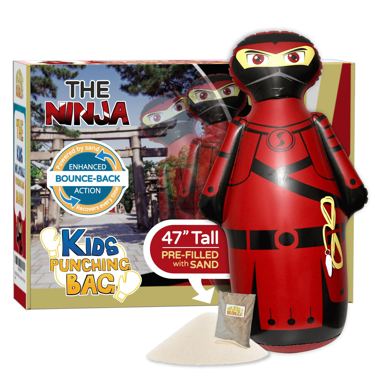 Inflatable Dudes Ninja Toy 47 inches with sand-filled base for stable kid-friendly punch play.