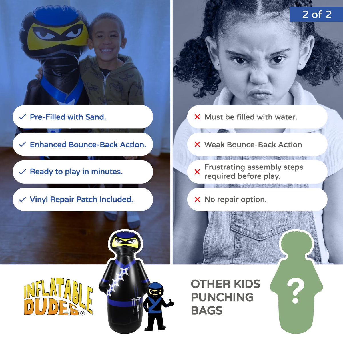 Inflatable Dudes Ninja Toy 47-inch easy setup with leak-proof bottom and valve.