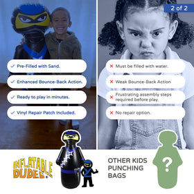 Inflatable Dudes Ninja Toy 47-inch easy setup with leak-proof bottom and valve.