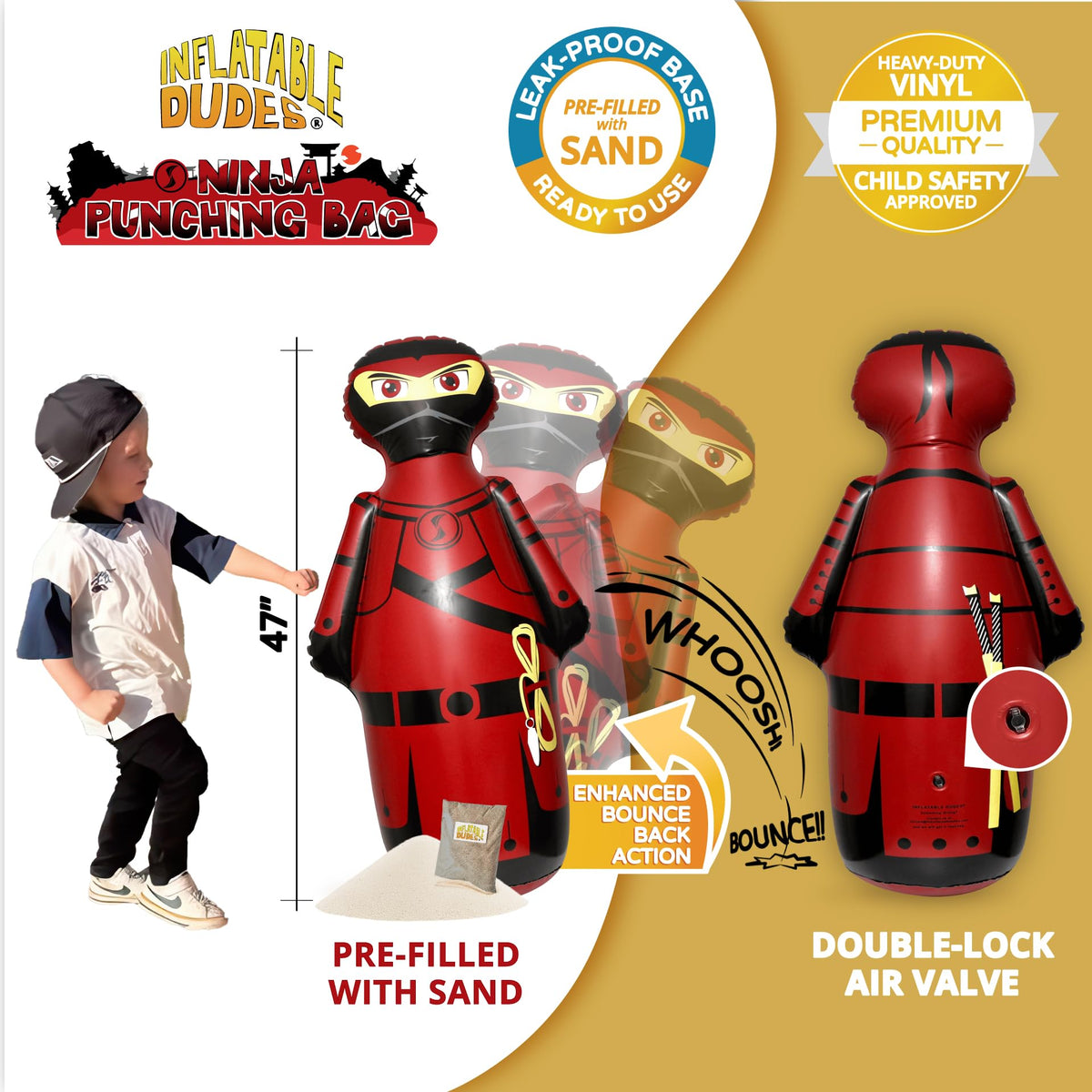 Inflatable Dudes Ninja Toy 47 inches—action-ready punching features spark active, imaginative play.