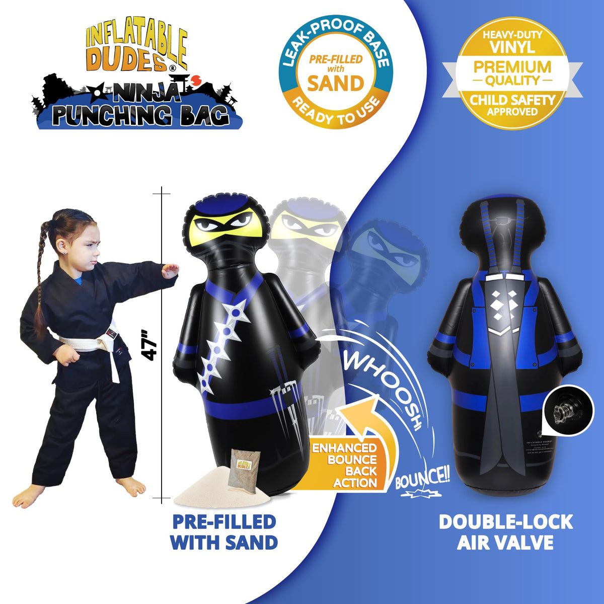 Inflatable Dudes Ninja Toy 47-inch in action with kids punching safely.