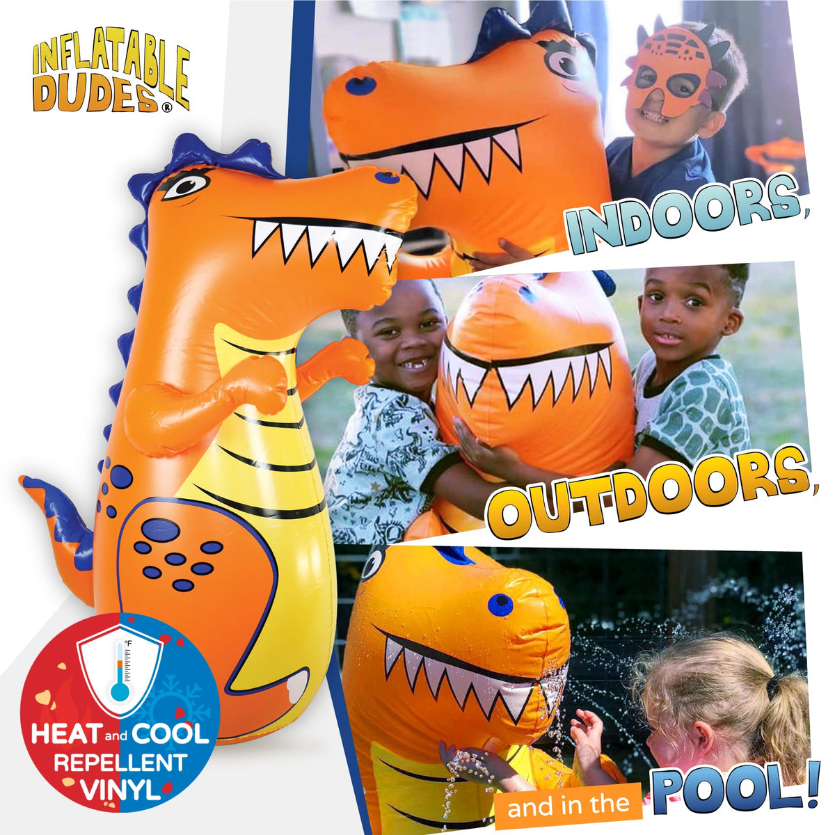 Inflatable Dudes T-Rex toy in action pose for safe, energetic punching.