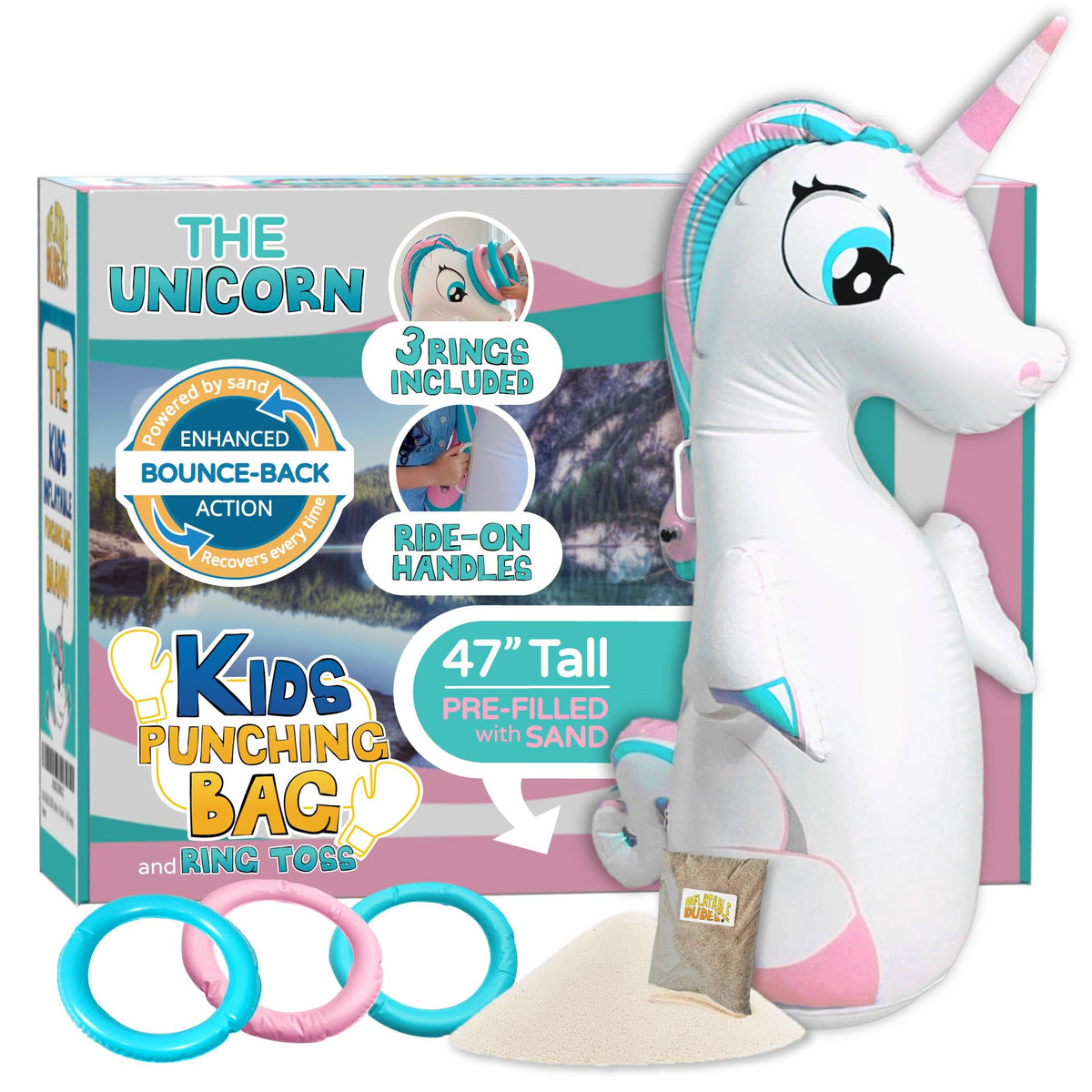 Inflatable Dudes unicorn 47-inch base ready for active kid play