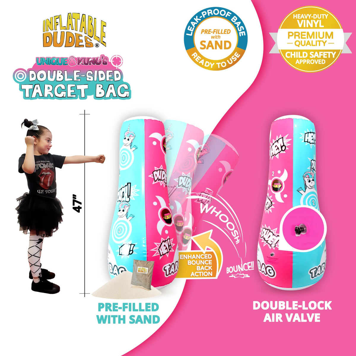 Inflatable Dudes Unicorn Ninja Girl 47 inches kick-action angle supports motor skills development.