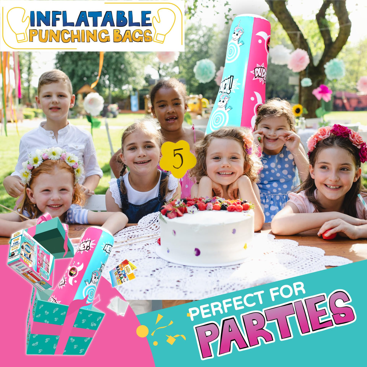 Inflatable Dudes Unicorn Ninja Girl 47 inches punch-action display enhances imaginative play.
