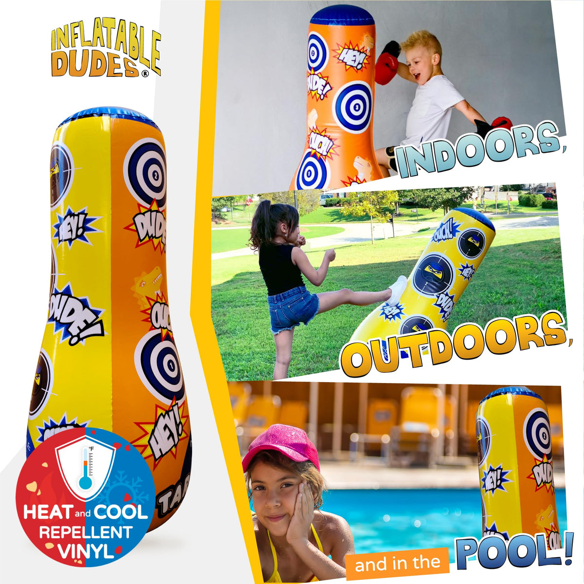 Inflatable Dudes double-sided target bag offers versatile ninja-dinosaur boxing fun.