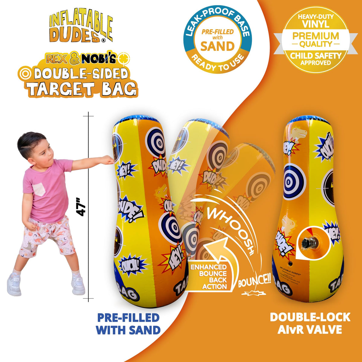 Inflatable Dudes sand-filled base stays stable during energetic punches.