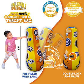 Inflatable Dudes sand-filled base stays stable during energetic punches.