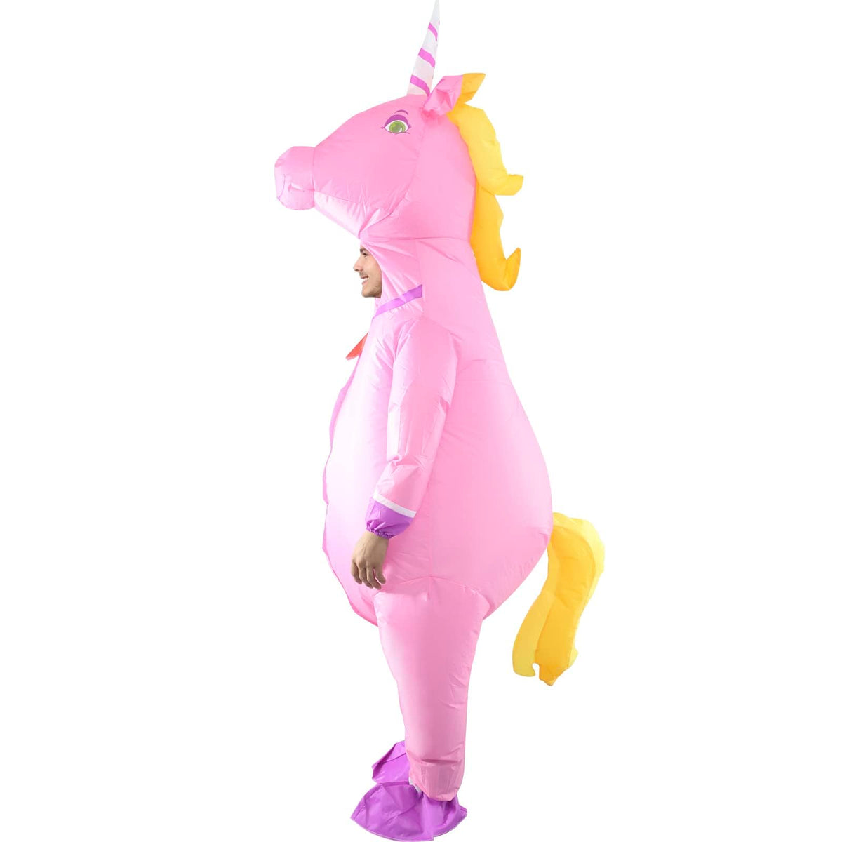 InfleasJoiy pink unicorn inflatable costume back view showing full silhouette.