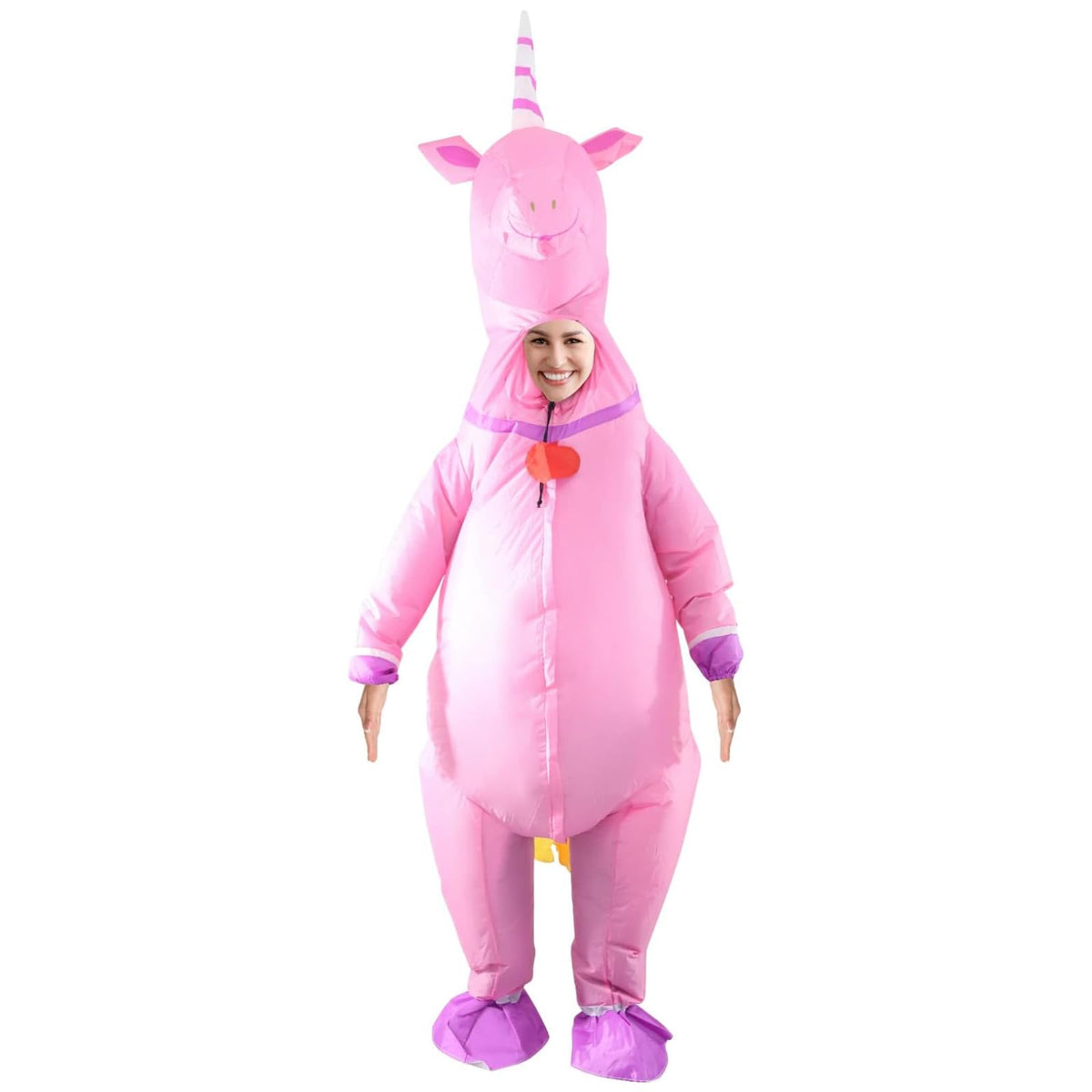 InfleasJoiy pink unicorn inflatable costume on model for a party-ready look.