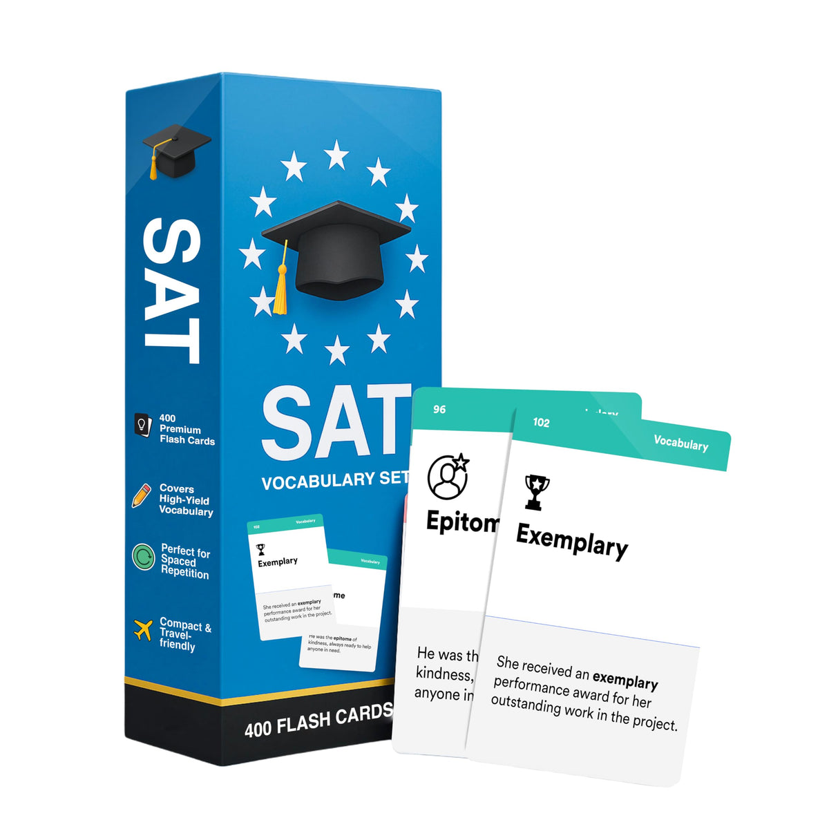 Infodeck 800-vocabulary flash cards front reveal high-yield terms for SAT prep.
