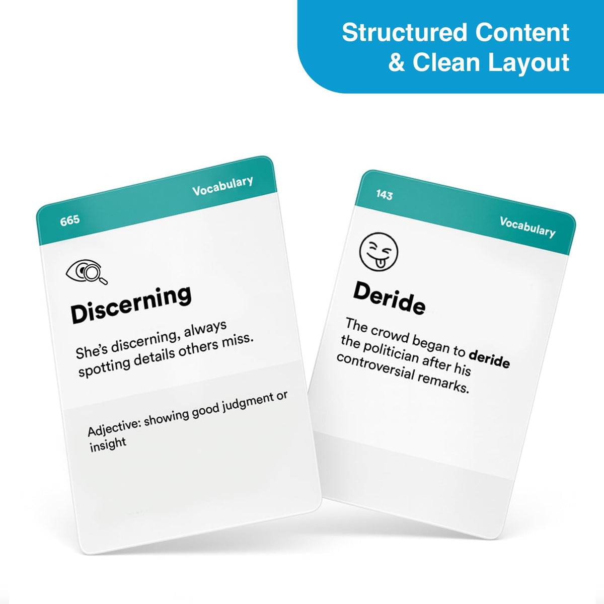 Infodeck contextual sample sentences illustrate real usage to boost understanding.