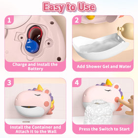 Infowush bubble maker fills bath with bubbles and cheerful music.