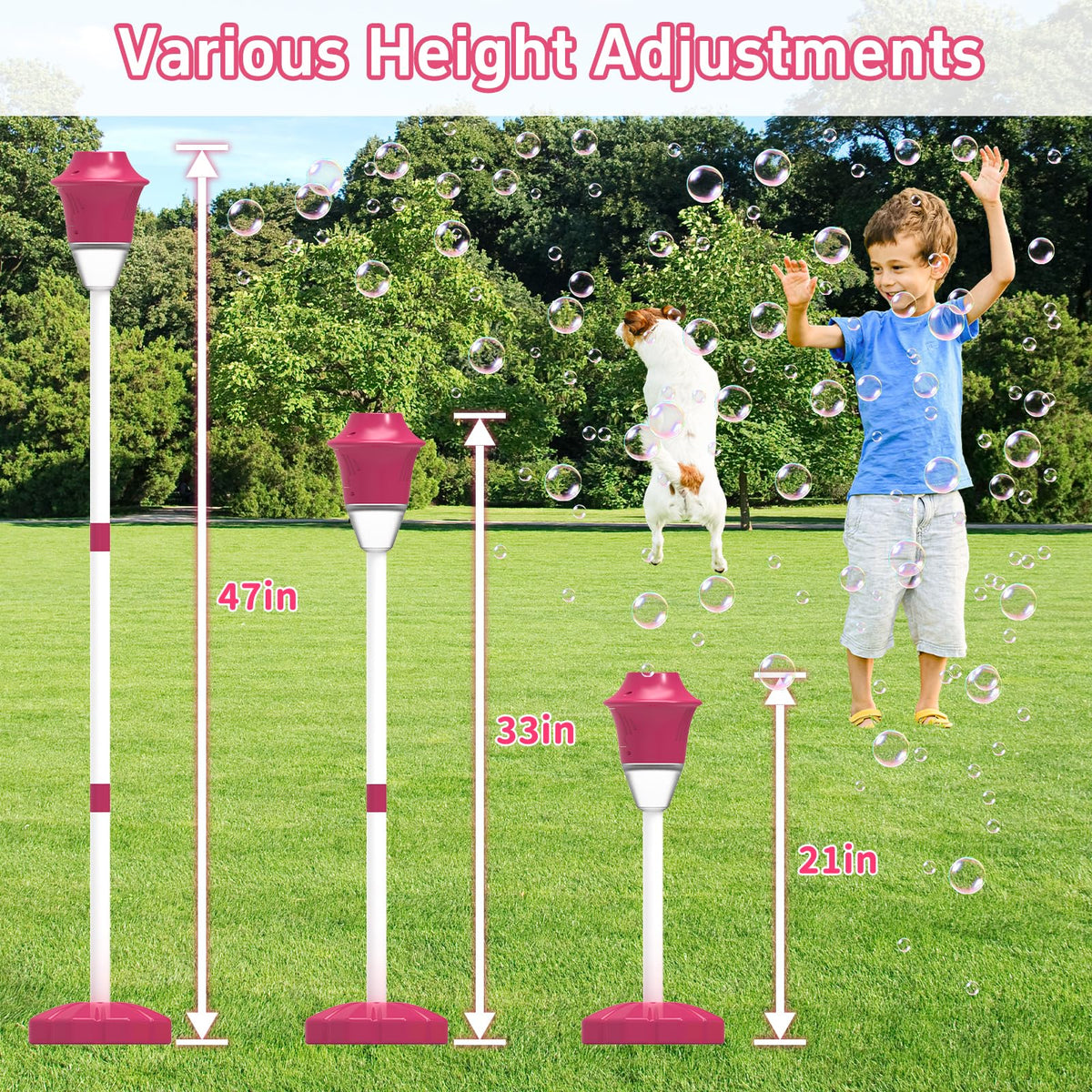 Infowush bubble machine height 47 inches for dramatic bubble showcases.