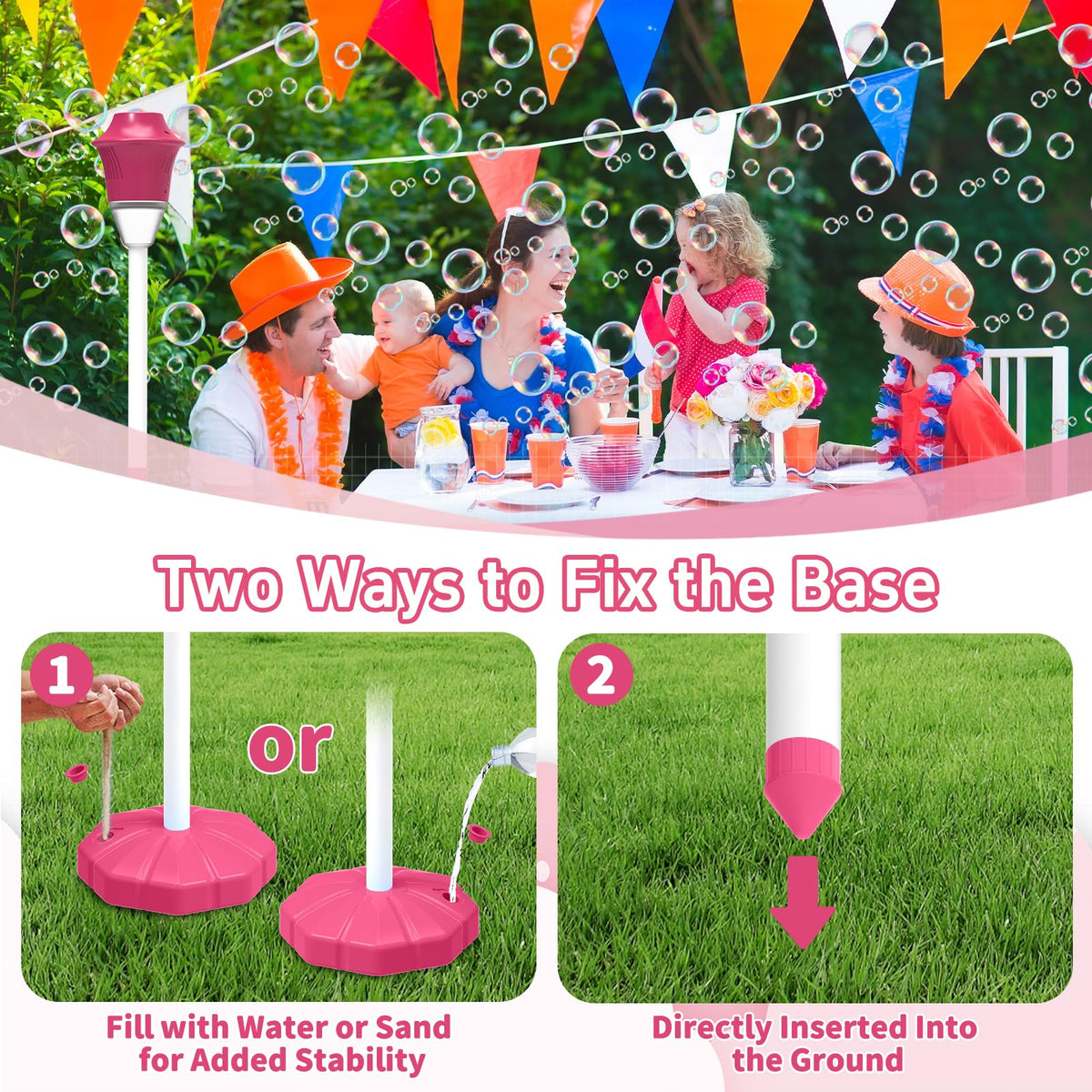 Infowush bubble machine two fix methods keep it stable on varied surfaces.
