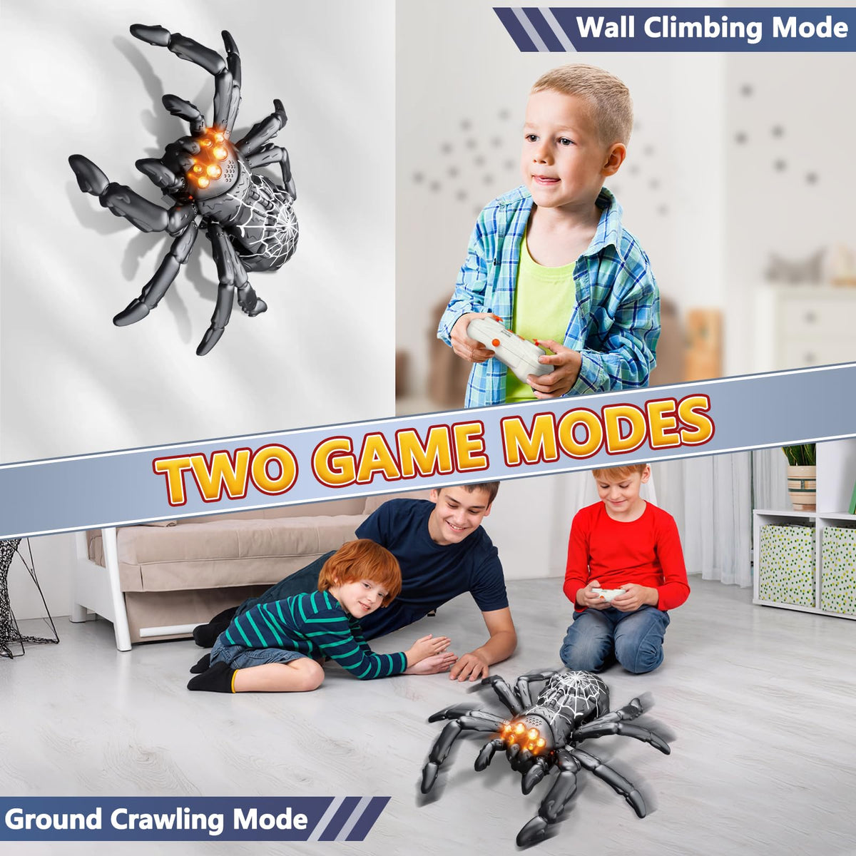 Infowush LED eyes spider shines in low light for easy nighttime play.