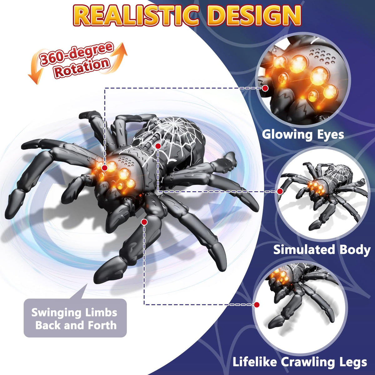 Infowush remote-control spider offers 360-degree spins for dynamic steering.