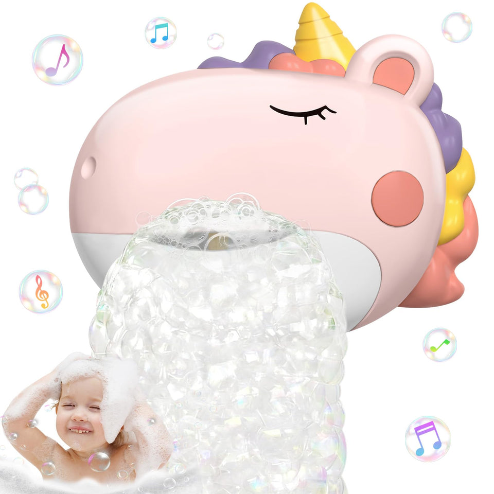 Infowush unicorn bath bubble machine creates playful bubbles for kids bath time.