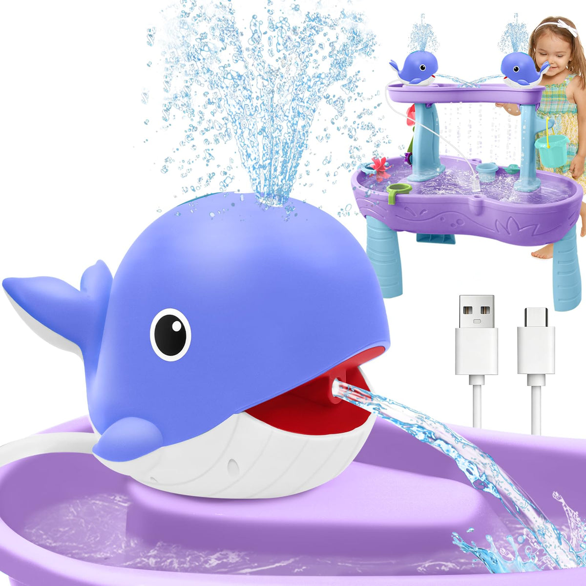 Infowush Whale Water Table Pump with top spray for dynamic outdoor play.