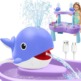 Infowush Whale Water Table Pump with top spray for dynamic outdoor play.