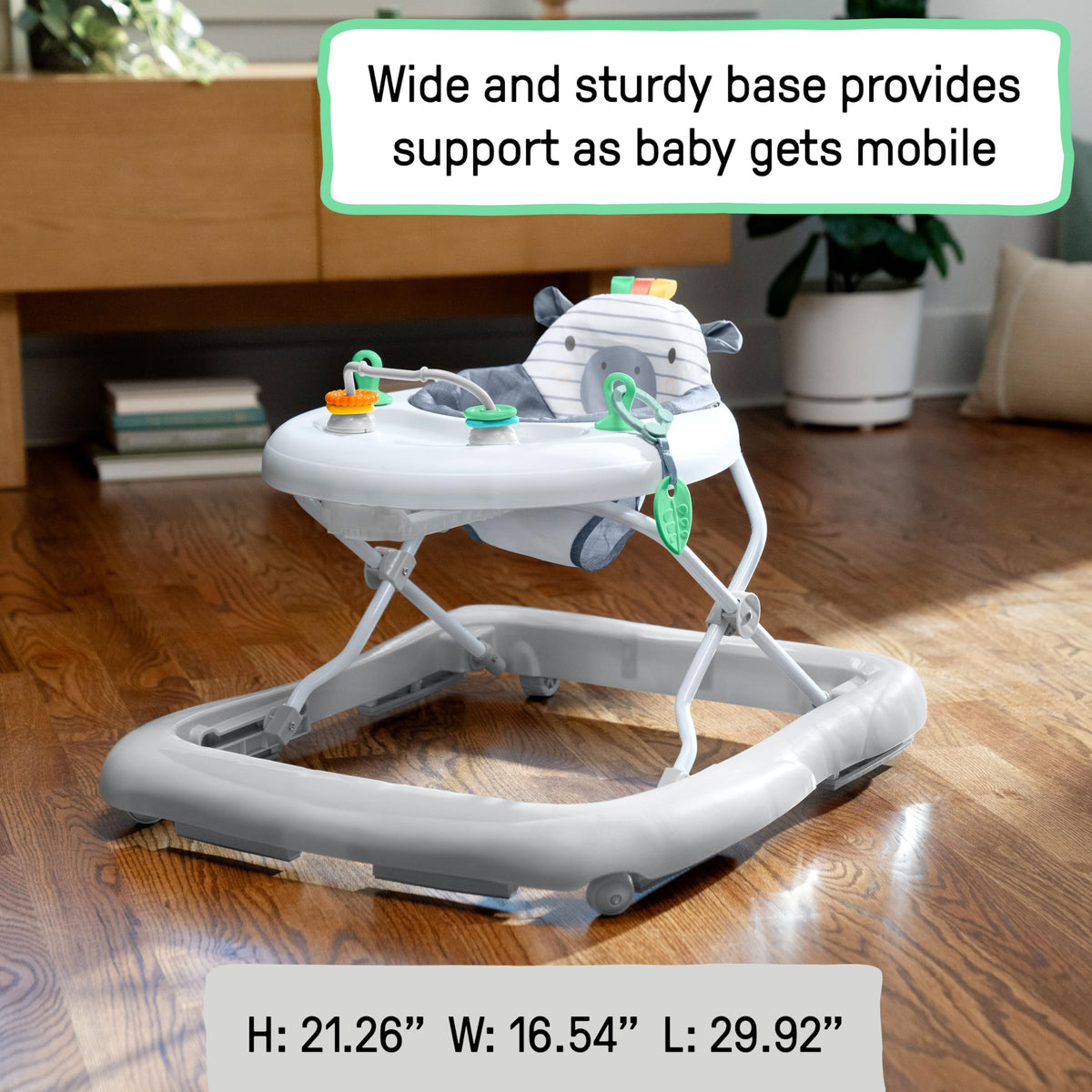Three height positions support growing babies during early walking exploration.