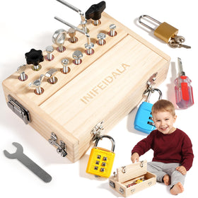 INIFEIDALA Montessori Busy Board with 8 latches showcases hands-on learning and fine motor skill practice.