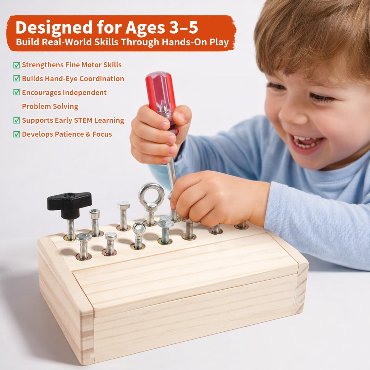 INIFEIDALA Montessori Screwdriver Board closeup highlights smooth wooden edges and safe grip for tiny hands.