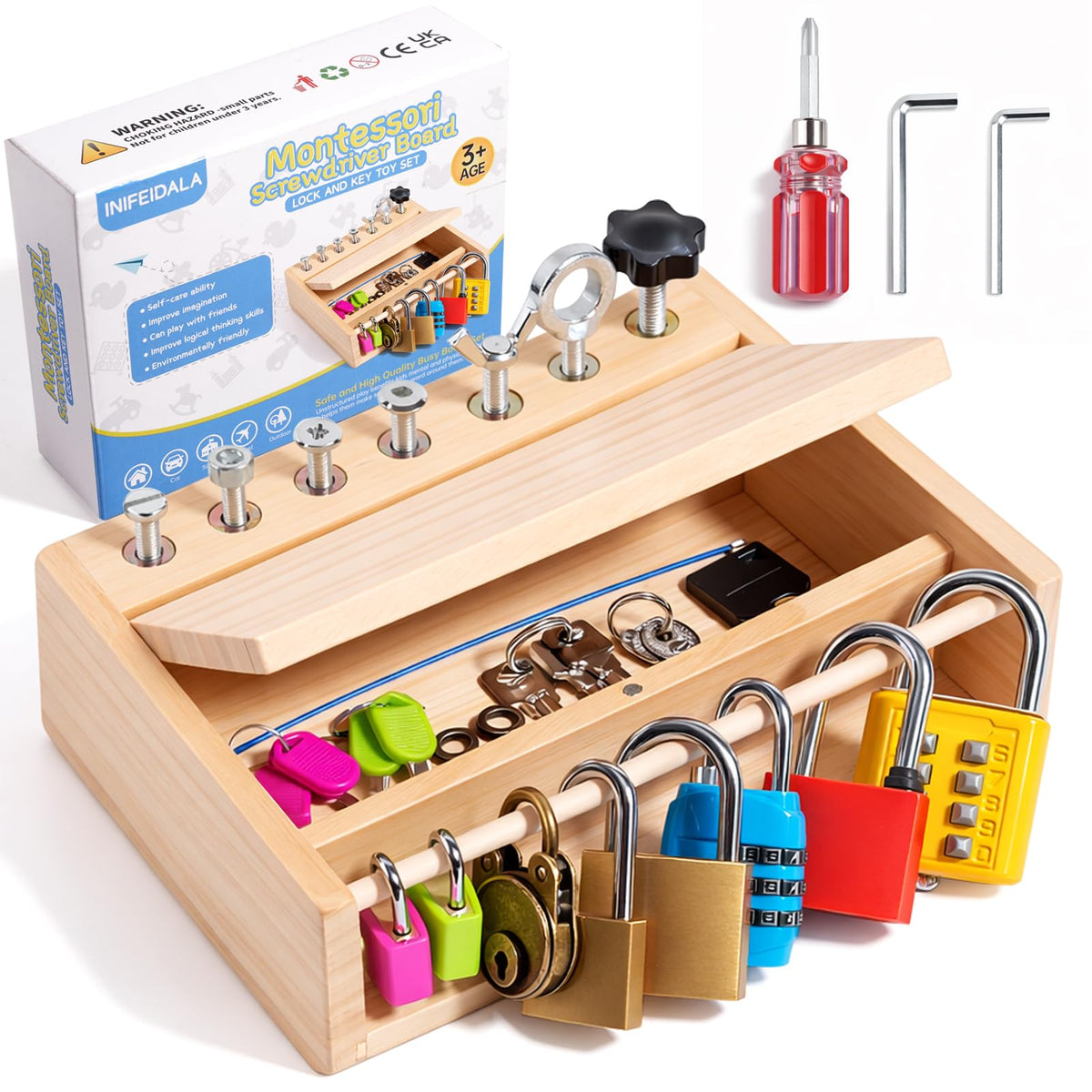 INIFEIDALA montessori screwdriver board with lock-and-key play for fine motor growth.