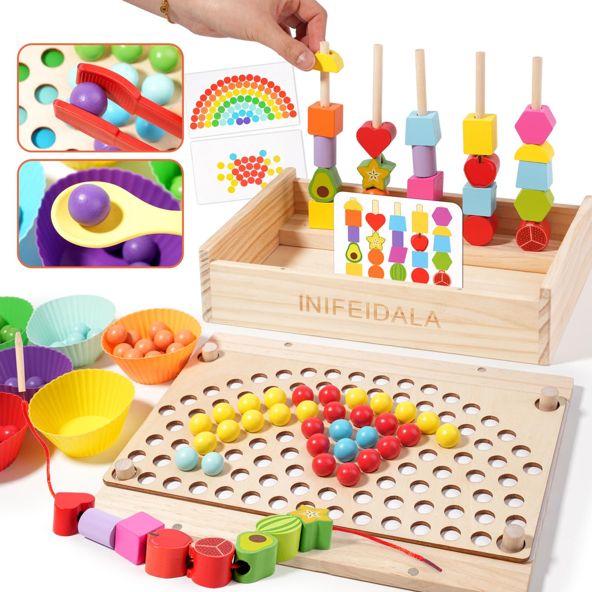 INIFEIDALA lacing beads arranged for threading and fine motor development.