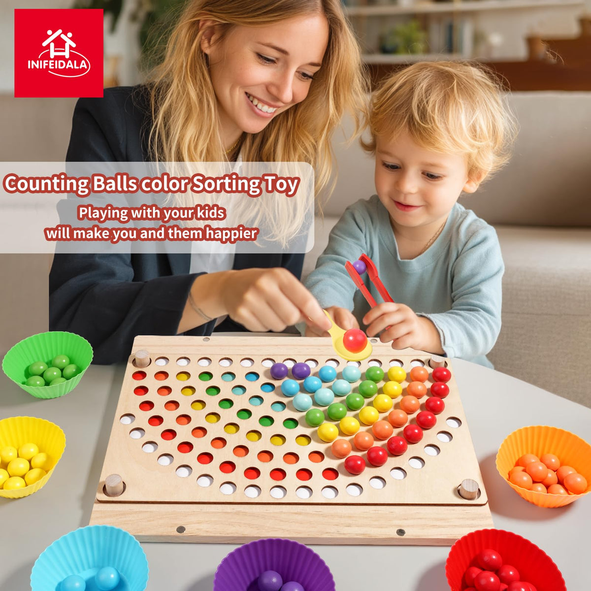 INIFEIDALA wooden beads sequencing set supports counting and color study.