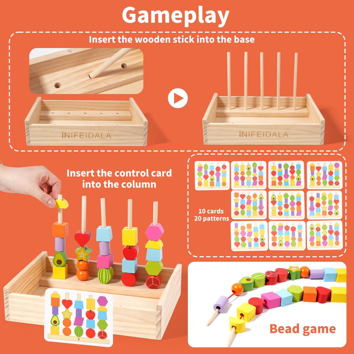 INIFEIDALA wooden board with beads promotes sorting and memory games.